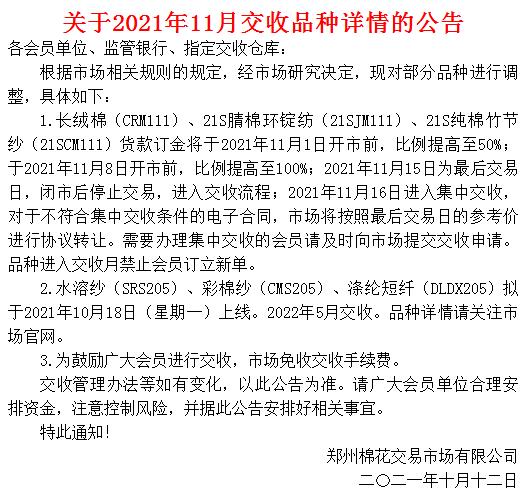 郑州棉花关于2021年11月交收品种详情的公告