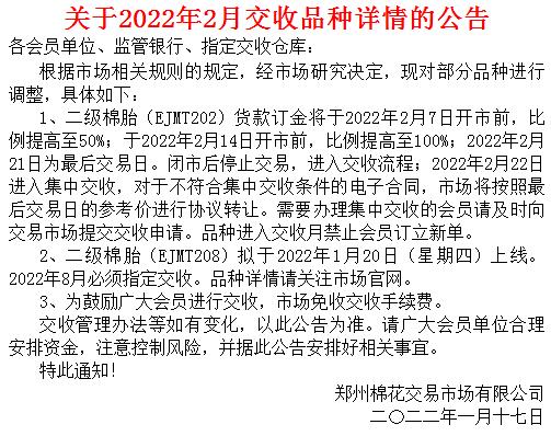 关于郑州棉花农产品市场2022年2月交收品种详情的公告