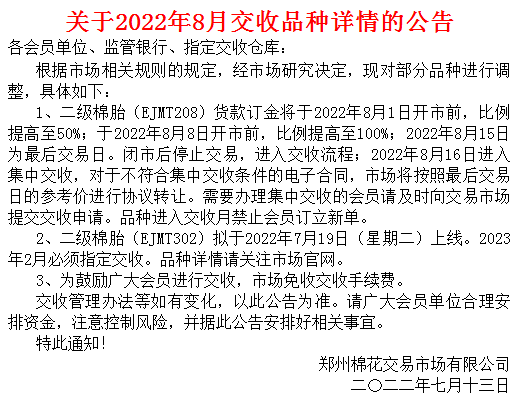 关于郑州棉花2022年8月交收品种和新品种上线交易的公告